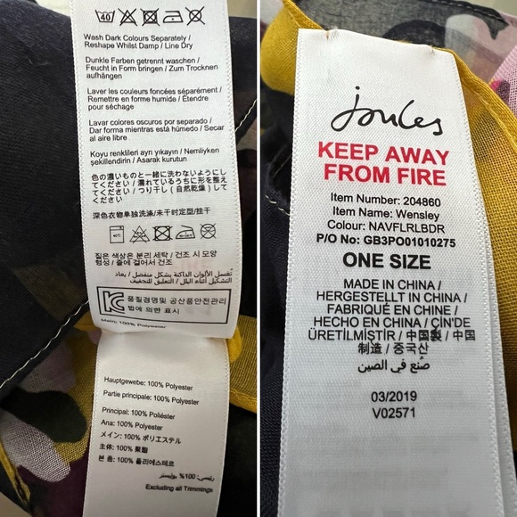 Like New Navy Scarf with Floral Print & Yellow Border—Joules Wensley 27.5” x 80” - Picture 13 of 17